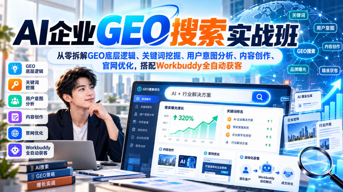 AI企业GEO搜索实战班，从零拆解GEO底层逻辑、关键词挖掘、用户意图分析、内容创作、官网优化，搭配Workbuddy全自动获客-九节课