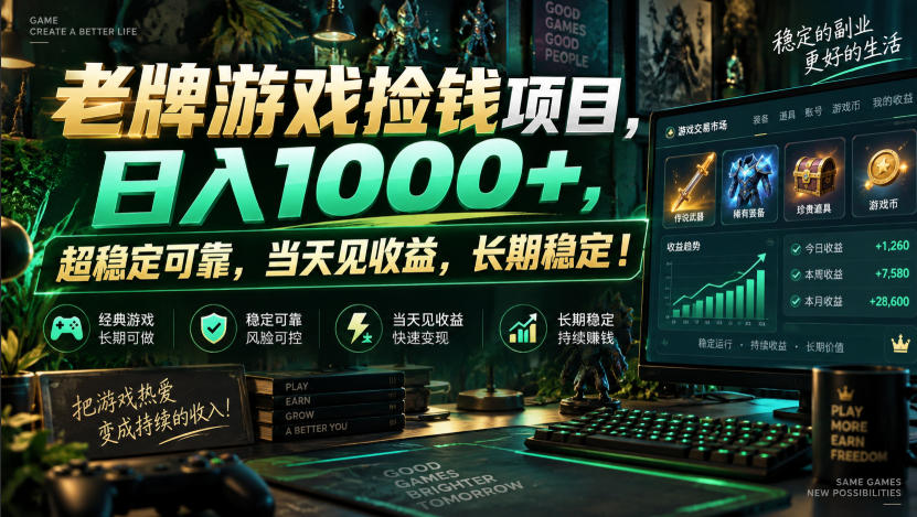 老牌游戏捡钱项目，日入1000+，超稳定可靠，当天见收益，长期稳定！【揭秘】-九节课