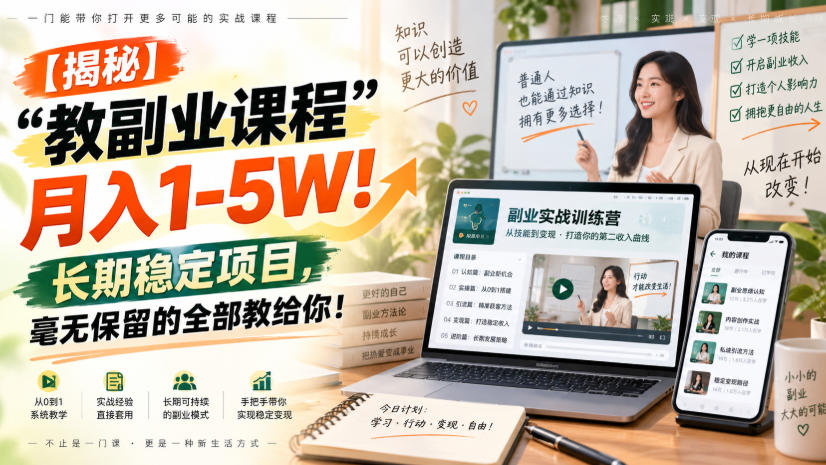 【揭秘】“教副业课程”月入1-5W！长期稳定项目，毫无保留的全部教给你！-九节课