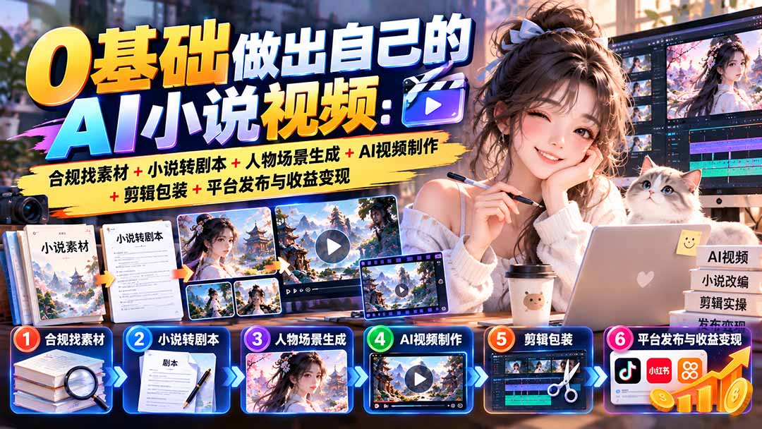 （20741期）0基础做出自己的AI小说视频：合规找素材+小说转剧本+人物场景生成+AI视频制作+剪辑包装+平台发布与收益变现-九节课