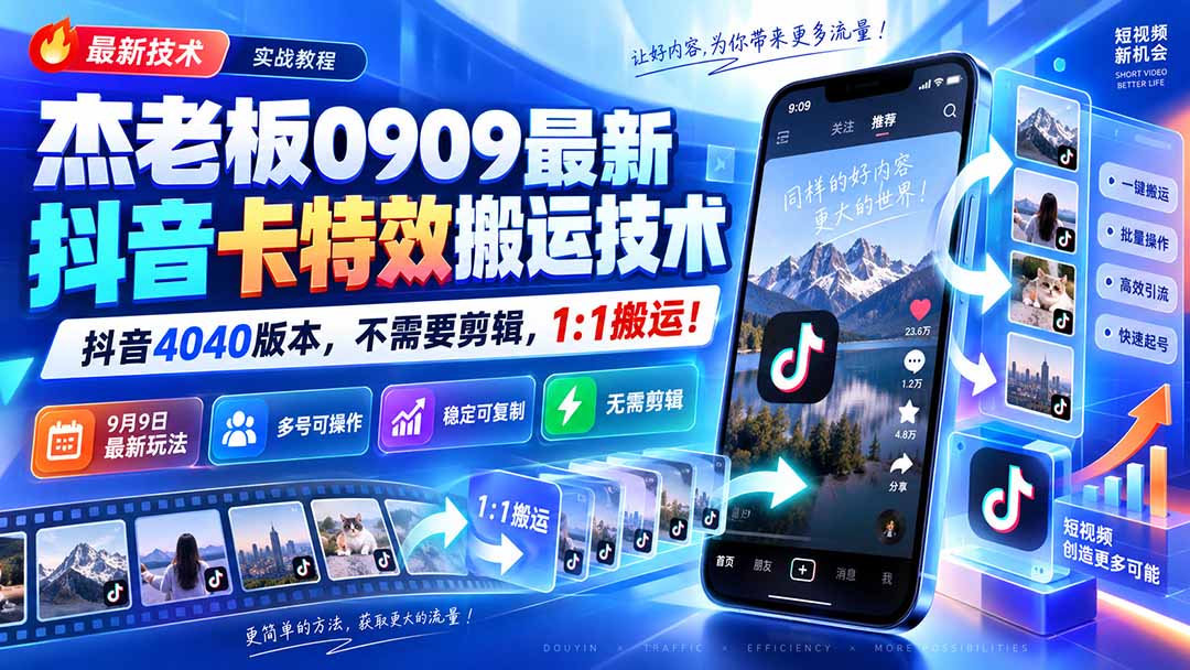 （20369期）杰老板0909最新抖音卡特效搬运技术，抖音4040版本，不需要剪辑，1:1搬运！-九节课