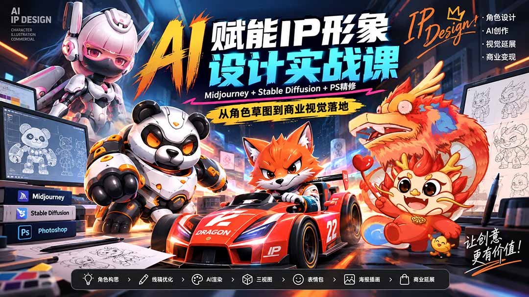 （20552期）AI赋能IP形象设计实战课-无水印：Midjourney+Stable Diffusion+PS精修，从角色草图到商业视觉落地-九节课