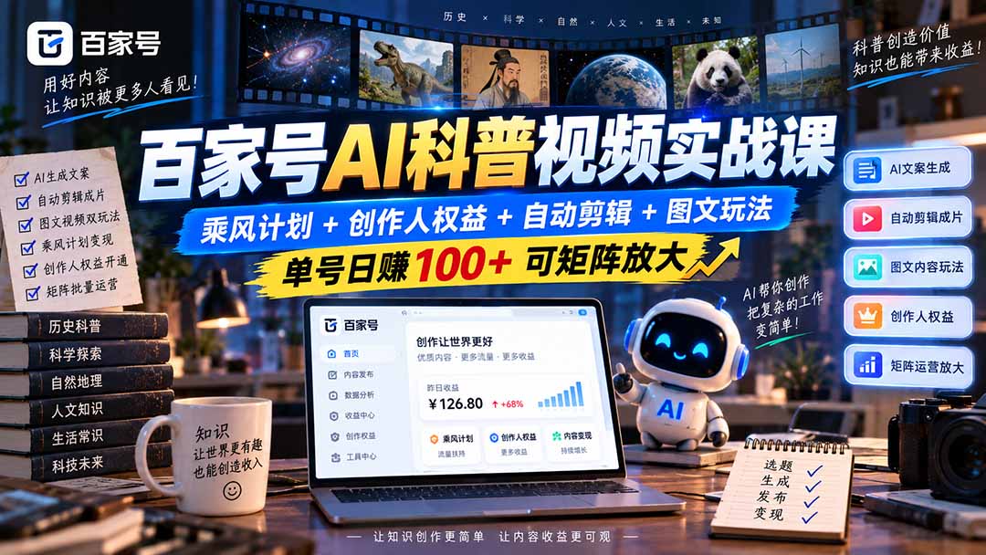 （20579期）百家号AI科普视频实战课：乘风计划+创作人权益+自动剪辑+图文玩法，单号日赚100+可矩阵放大-九节课