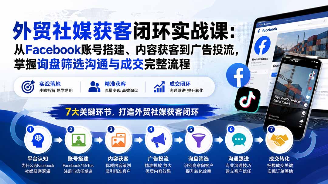 （20318期）外贸社媒获客闭环实战课：从Facebook账号搭建、内容获客到广告投流，掌握询盘筛选沟通与成交完整流程-九节课