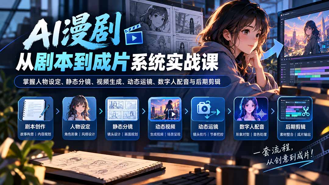 （20375期）AI漫剧从剧本到成片系统实战课：掌握人物设定、静态分镜、视频生成、动态运镜、数字人配音与后期剪辑-九节课