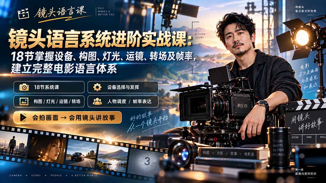（20434期）镜头语言系统进阶实战课：18节掌握设备、构图、灯光、运镜、转场及帧率，建立完整电影语言体系-九节课