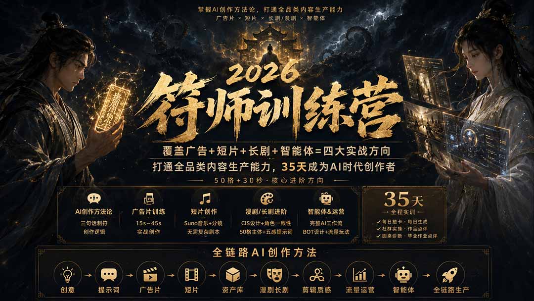 （20180期）符师训练营-35天成为AI时代创作者，广告+短片+漫剧+智能体四大实战方向，掌握从创意到上线的完整工作流-九节课