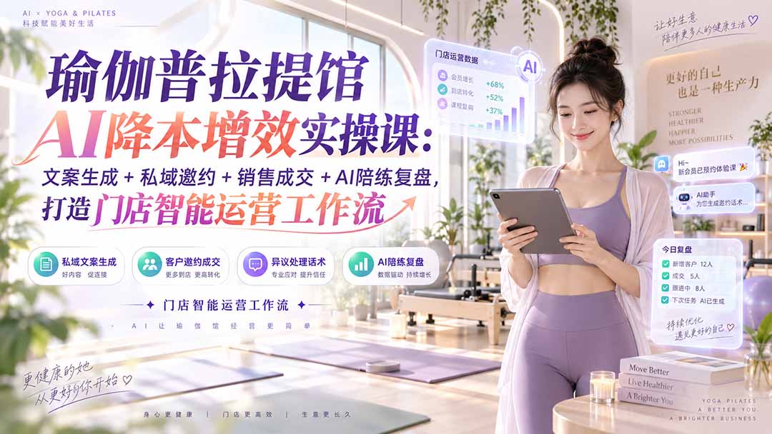 （20340期）瑜伽普拉提馆AI降本增效实操课：文案生成+私域邀约+销售成交+AI陪练复盘，打造门店智能运营工作流-九节课