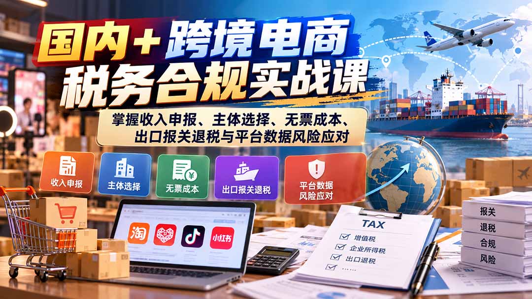 （20686期）国内+跨境电商税务合规实战课：掌握收入申报、主体选择、无票成本、出口报关退税与平台数据风险应对-九节课