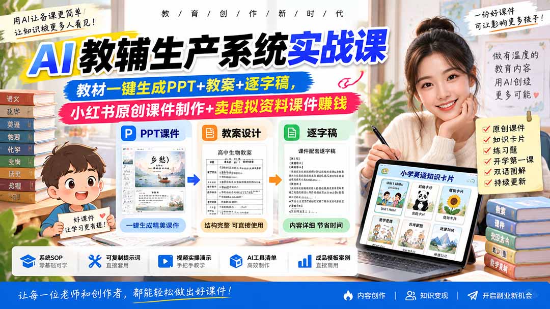 （20542期）AI教辅生产系统实战课｜教材一键生成PPT+教案+逐字稿，小红书原创课件制作+卖虚拟资料课件赚钱-九节课