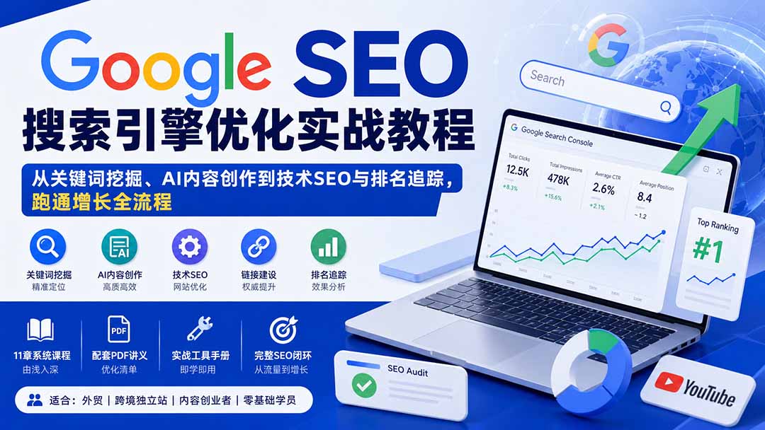 （20241期）Google SEO搜索引擎优化实战教程：从关键词挖掘、AI内容创作到技术SEO与排名追踪，跑通增长全流程-九节课