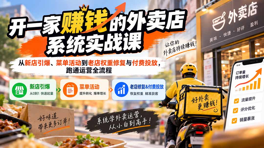 （20258期）开一家赚钱的外卖店系统实战课：从新店引爆、菜单活动到老店权重修复与付费投放，跑通运营全流程-九节课