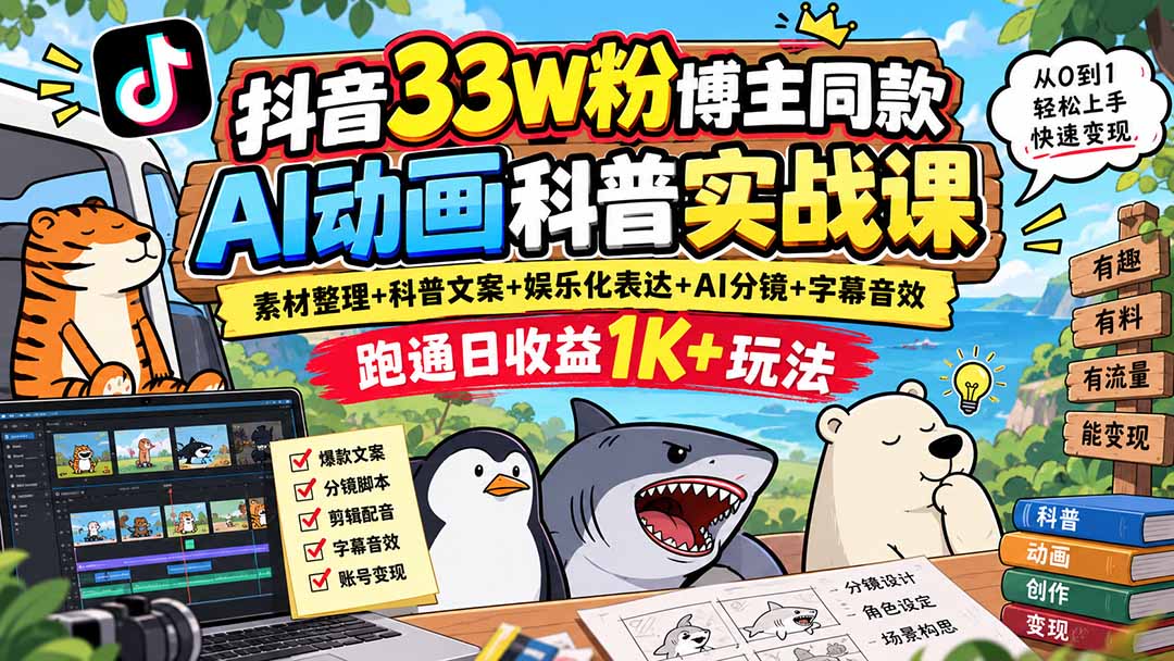 （20510期）抖音33W粉博主同款AI动画科普实战课｜素材整理+科普文案+娱乐化表达+AI分镜+字幕音效，跑通日收益1K+玩法-九节课