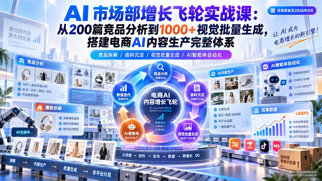 （20436期）AI 市场部增长飞轮实战课：从200篇竞品分析到1000+视觉批量生成，搭建电商AI内容生产完整体系-九节课