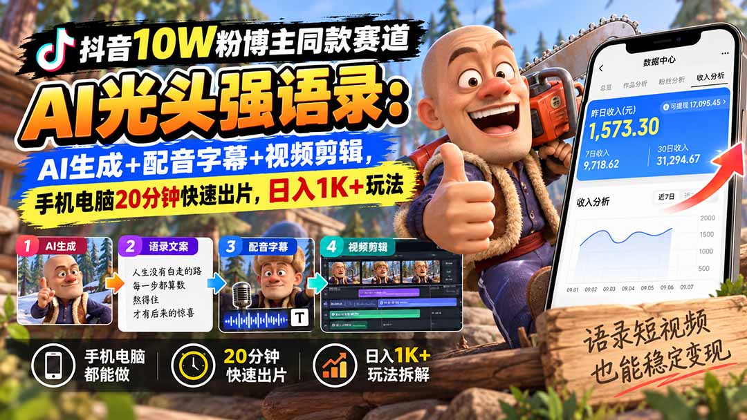 （20687期）【无水印】抖音10W粉博主同款赛道AI光头强语录：AI生成+配音字幕+视频剪辑，手机电脑20分钟快速出片，日入1K+玩法-九节课