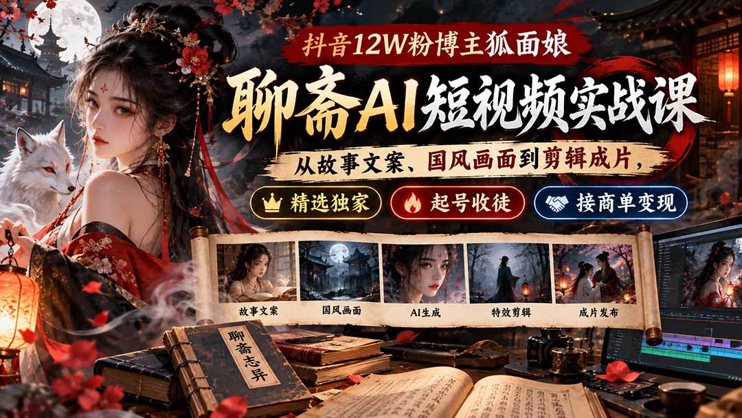 （20639期）抖音12W粉博主狐面娘-聊斋AI短视频实战课：从故事文案、国风画面到剪辑成片，精选独家+起号收徒+接商单变现-九节课