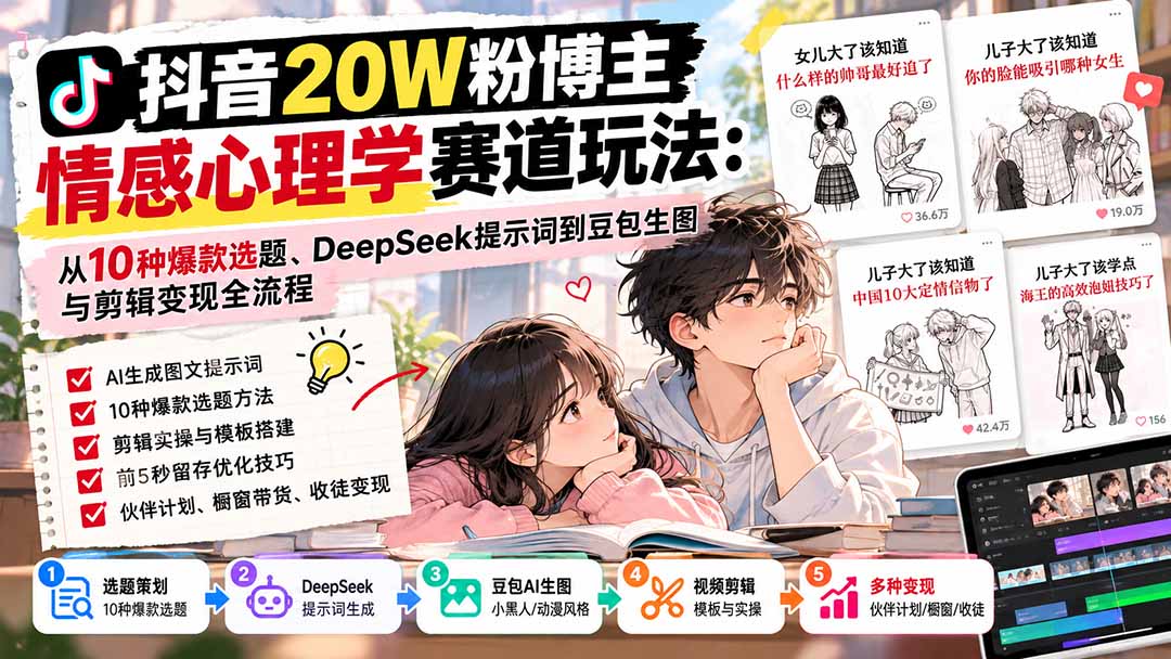 （20688期）抖音20W粉博主-情感心理学赛道玩法：从10种爆款选题、DeepSeek提示词到豆包生图与剪辑变现全流程-九节课