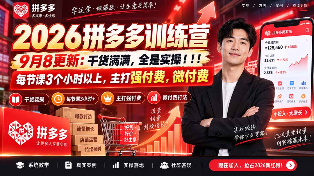 （20338期）2026拼多多训练营9月8更新：干货满满，全是实操！！！每节课3个小时以上，主打强付费，微付费-九节课