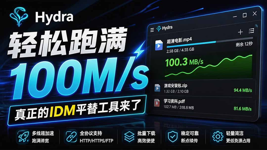 （20350期）轻松跑满100M/s，真正的IDM平替工具来了，开源多线程器，支持浏览器拓展，一键智能加速 Hydra Download Manager-九节课