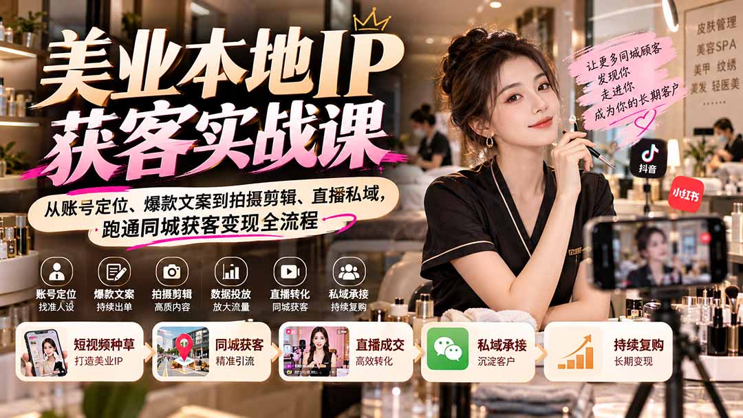 （20640期）【无水印】美业本地IP获客实战课：从账号定位、爆款文案到拍摄剪辑、直播私域，跑通同城获客变现全流程-九节课