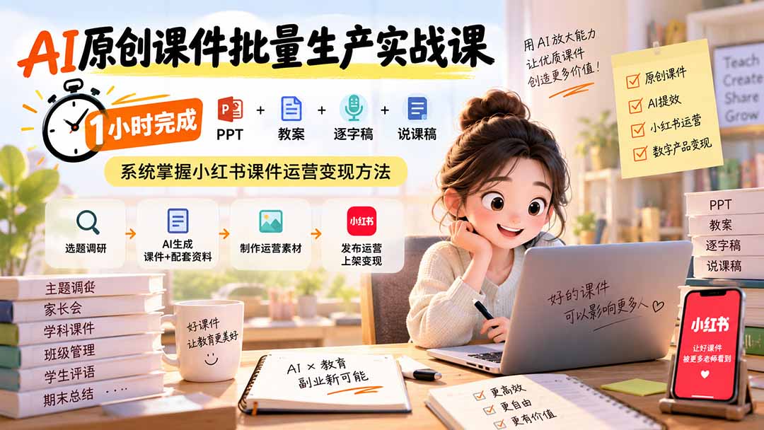 （20351期）AI原创课件批量生产实战课：1小时完成PPT+教案+逐字稿+说课稿，系统掌握小红书课件运营变现方法-九节课