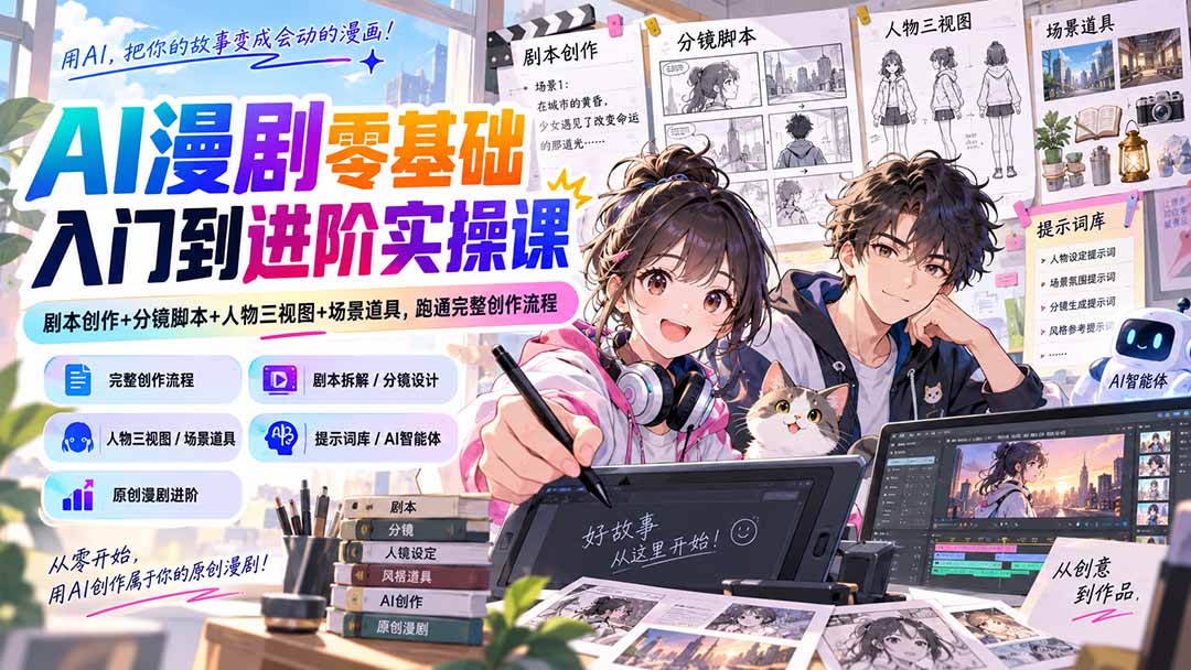 （20352期）AI漫剧零基础入门到进阶实操课：剧本创作+分镜脚本+人物三视图+场景道具，跑通完整创作流程-九节课