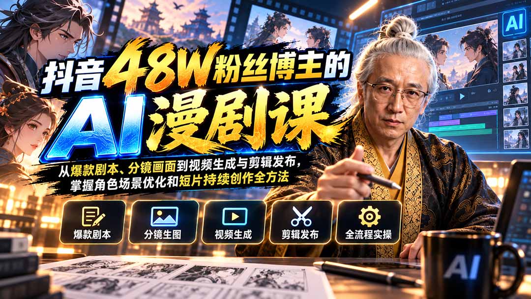 （20353期）抖音48W粉丝博主的AI漫剧课：从爆款剧本、分镜画面到视频生成与剪辑发布，掌握角色场景优化和短片持续创作全方法-九节课