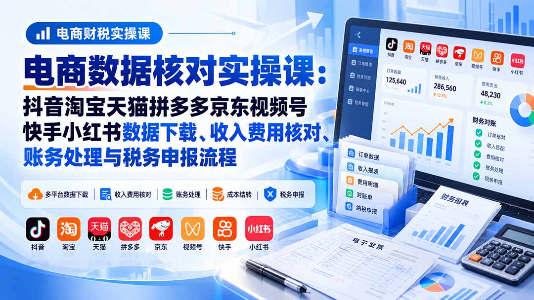 （20723期）电商数据核账实操课：抖音淘宝天猫拼多多京东视频号快手小红书数据下载、收入费用核对、账务处理与税务申报流程-九节课