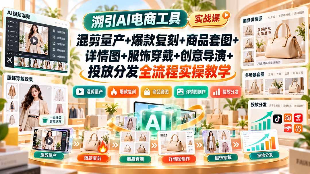 （20724期）溯引AI电商工具实战课：混剪量产+爆款复刻+商品套图+详情图+服饰穿戴+创意导演+投放分发全流程实操教学-九节课