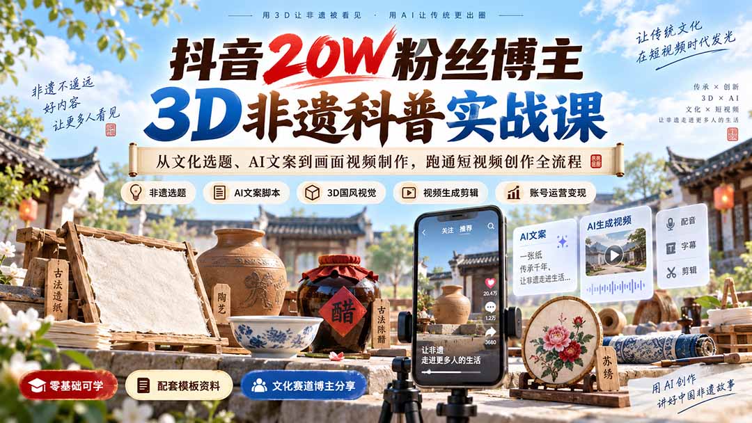 （20356期）抖音20W粉丝博主3D非遗科普实战课：从文化选题、AI文案到画面视频制作，跑通短视频创作全流程-九节课