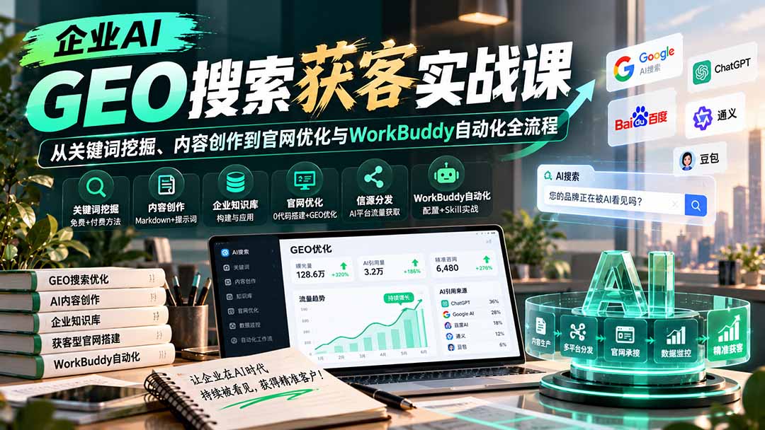 （20643期）企业AI GEO搜索获客实战课：从关键词挖掘、内容创作到官网优化与WorkBuddy自动化全流程-九节课
