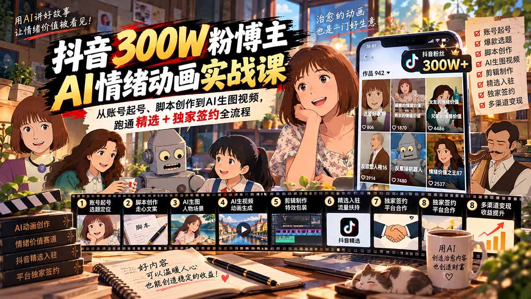 （20616期）抖音300W粉博主AI情绪动画实战课：从账号起号、脚本创作到AI生图视频，跑通精选+独家签约全流程-九节课
