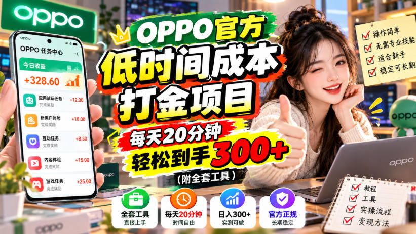 OPPO官方低时间成本打金项目，每天20分钟，轻松到手300+（附全套工具）【揭秘】-九节课