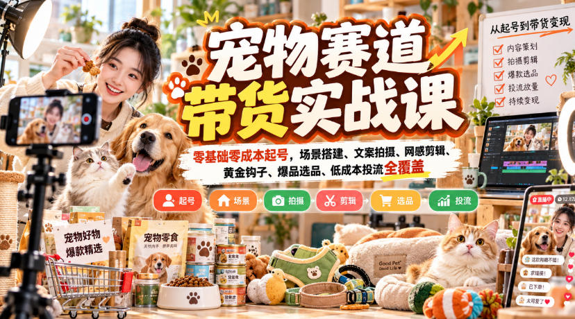 宠物赛道带货实战课，零基础零成本起号，场景搭建、文案拍摄、网感剪辑、黄金钩子、爆品选品、低成本投流全覆盖-九节课