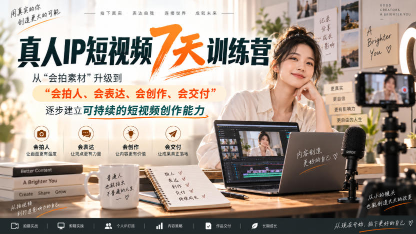 真人IP短视频7天训练营，从“会拍素材”升级到“会拍人、会表达、会创作、会交付”，逐步建立可持续的短视频创作能力-九节课