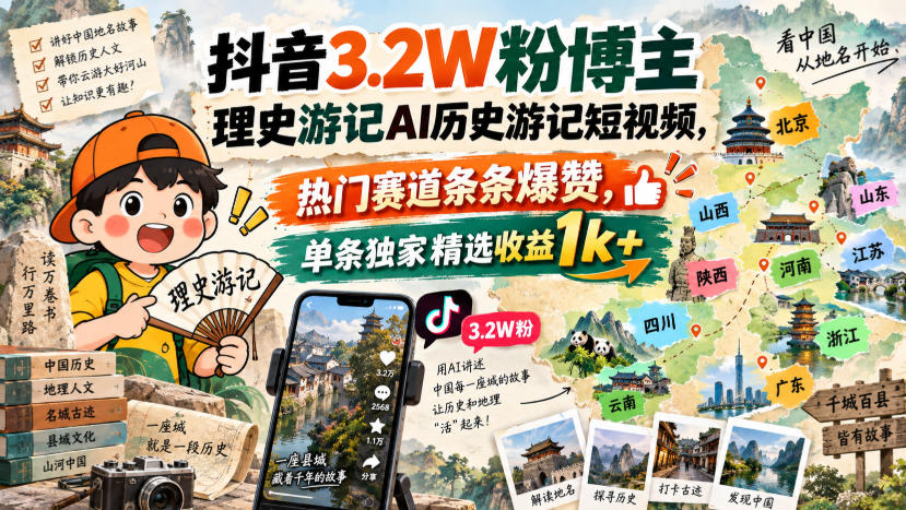 抖音3.2W粉博主理史游记AI历史游记短视频教学，热门赛道条条爆赞，单条独家精选收益1k+-九节课