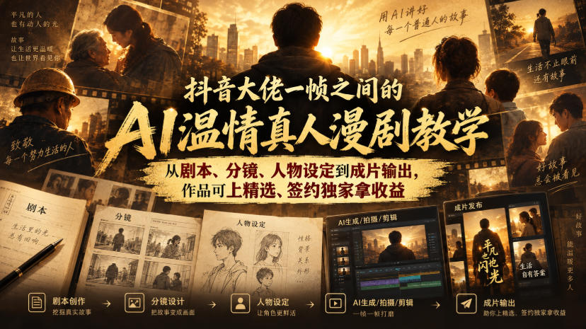 抖音大佬一帧之间的AI温情真人漫剧教学，从剧本、分镜、人物设定到成片输出，作品可上精选、签约独家拿收益-九节课