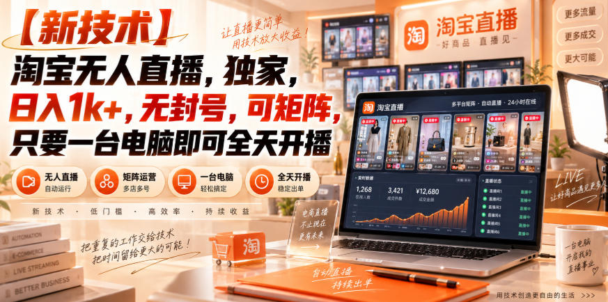 【独家新技术】淘宝无人直播，日入1k+，无封号，可矩阵，只要一台电脑即可全天开播【揭秘】-九节课