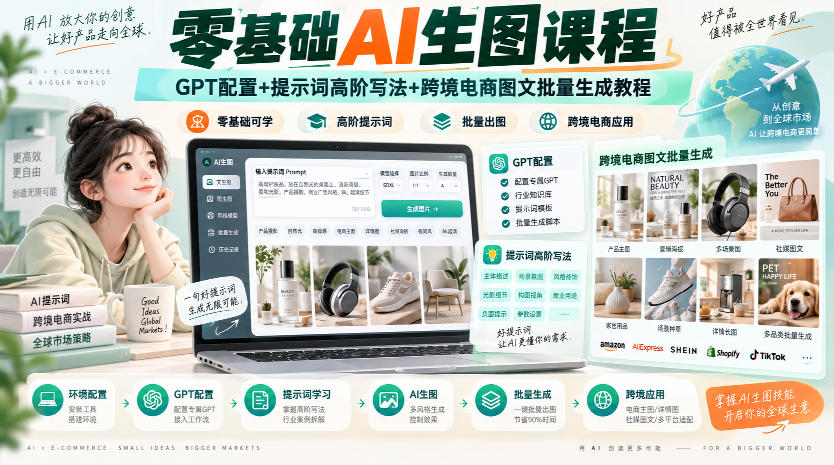 零基础AI生图课程，GPT配置+提示词高阶写法+跨境电商图文批量生成教程-九节课