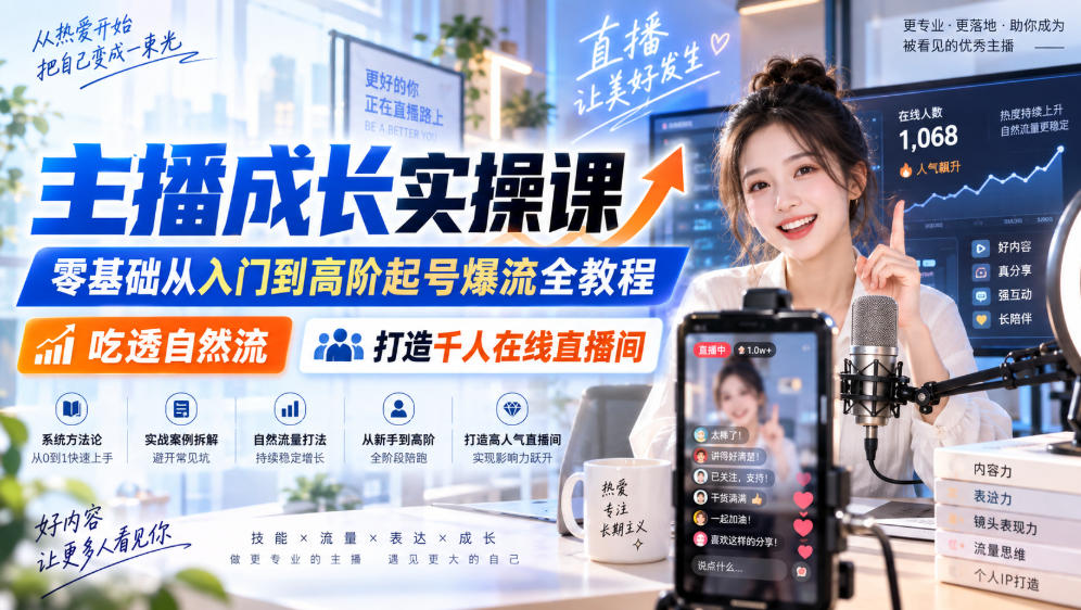 主播成长实操课｜零基础从入门到高阶起号爆流全教程，吃透自然流，打造千人在线直播间-九节课