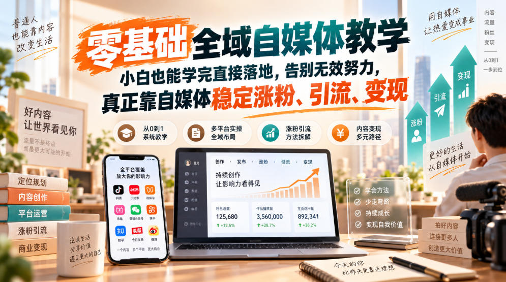 零基础全域自媒体教学，小白也能学完直接落地，告别无效努力，真正靠自媒体稳定涨粉、引流、变现-九节课