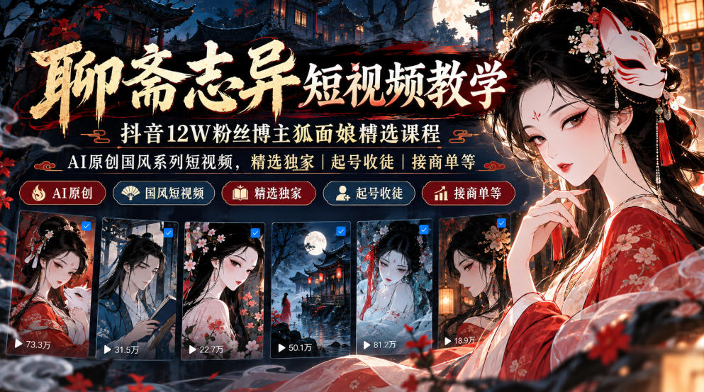 聊斋志异短视频教学，抖音12W粉丝博主狐面娘精选课程，AI原创国风系列短视频，精选独家丨起号收徒丨接商单等-九节课