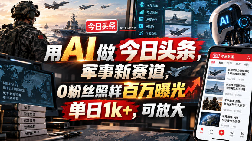 用AI做今日头条，军事新赛道，0粉丝照样百万曝光，单日1k+，可放大-九节课