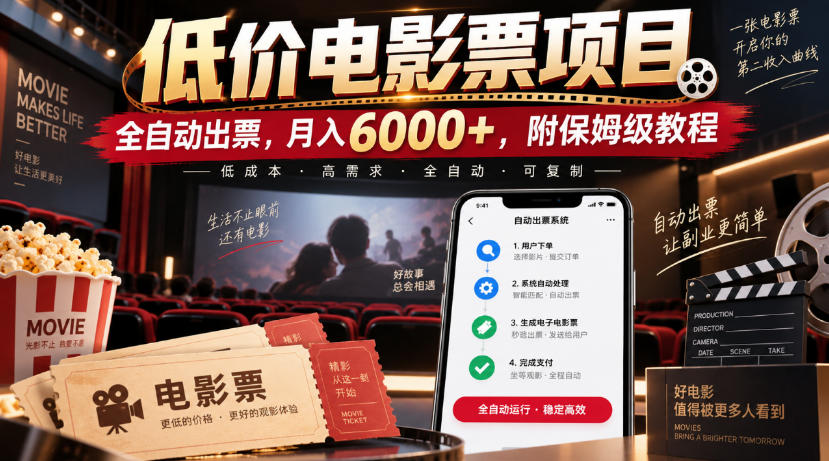 低价电影票项目，全自动出票，月入6000+，附保姆级教程【揭秘】-九节课