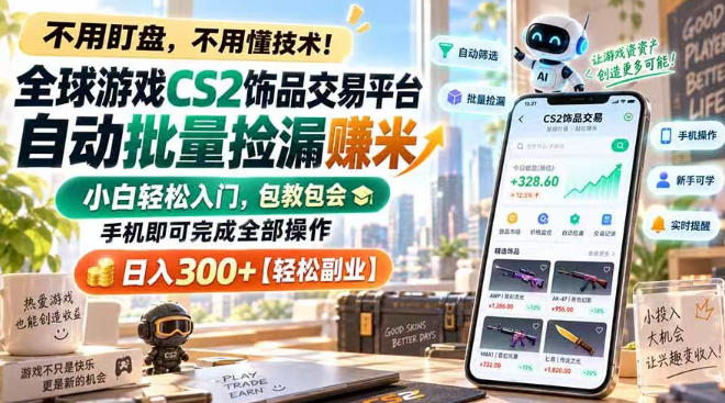 全球游戏CS2饰品交易平台自动批量捡漏賺米，小白轻松入门，包教包会，手机即可完成全部操作，日入300+【揭秘】-九节课