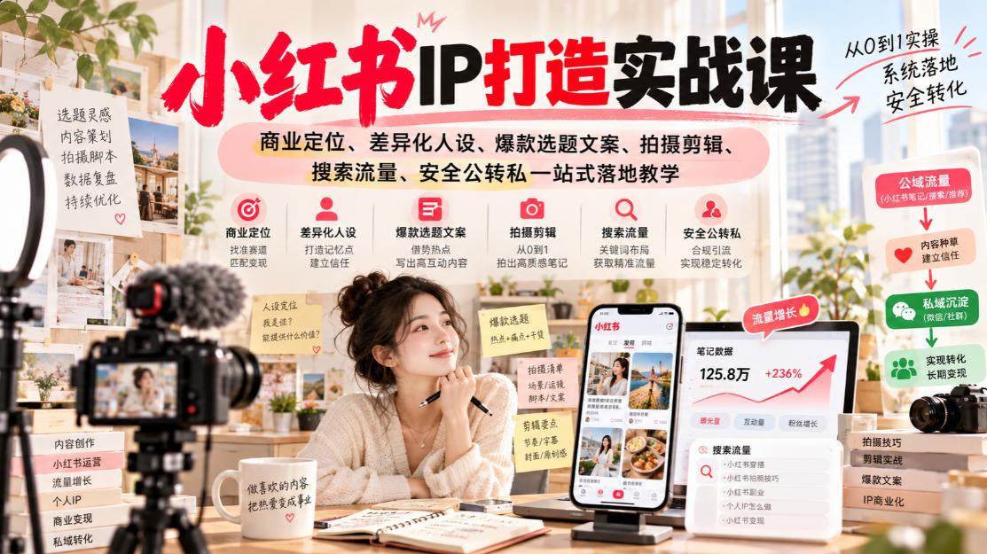 小红书ip打造实战课，商业定位、差异化人设、爆款选题文案、拍摄剪辑、搜索流量、安全公转私一站式落地教学-九节课