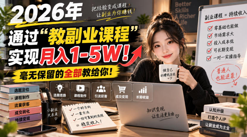2026年通过“教副业课程”实现月入1-5W！毫无保留的全部教给你！-九节课