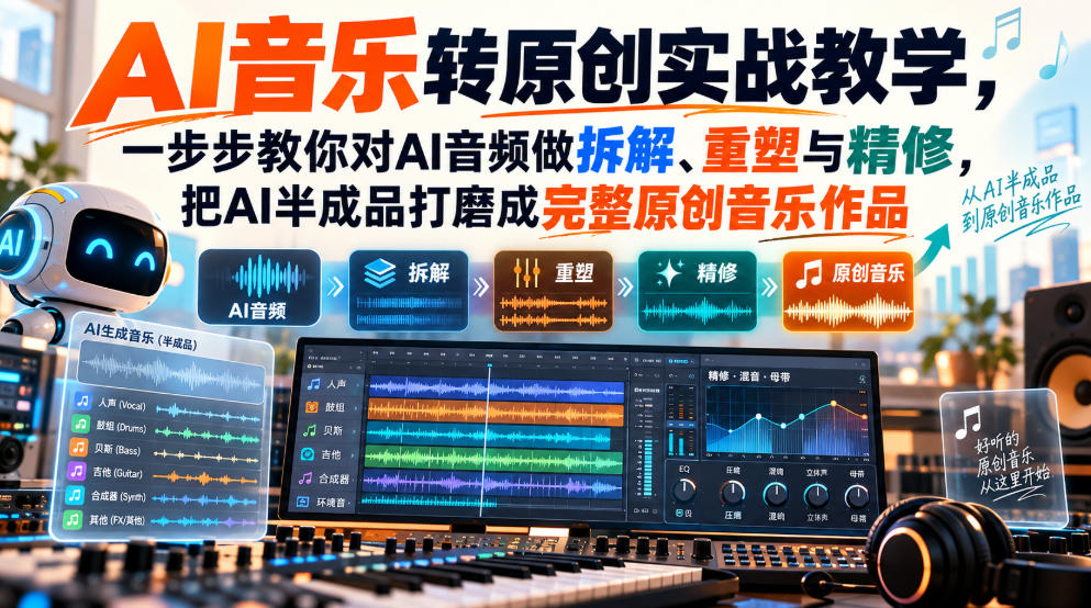 AI音乐转原创实战教学，一步步教你对AI音频做拆解、重塑与精修，把AI半成品打磨成完整原创音乐作品-九节课