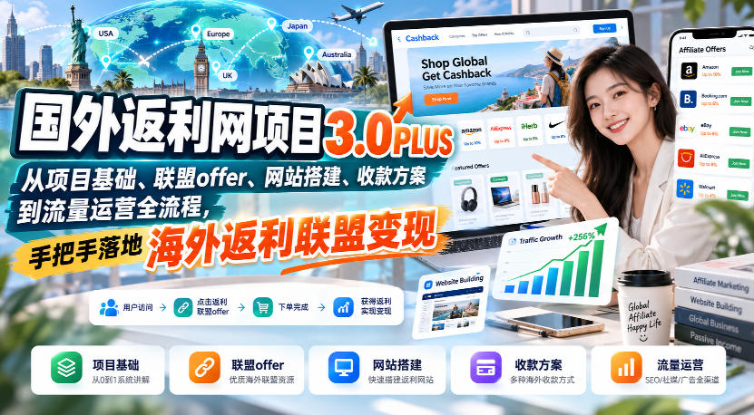 国外返利网项目3.0PLUS,从项目基础、联盟offer、网站搭建、收款方案到流量运营全流程,手把手落地海外返利联盟变现-九节课
