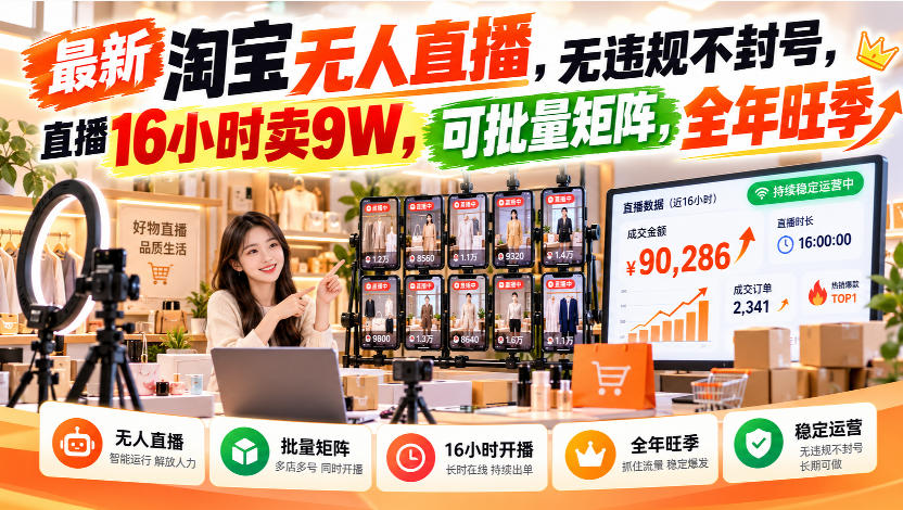 最新淘宝无人直播，无违规不封号，直播16小时卖9W，可批量矩阵，全年旺季【揭秘】-九节课